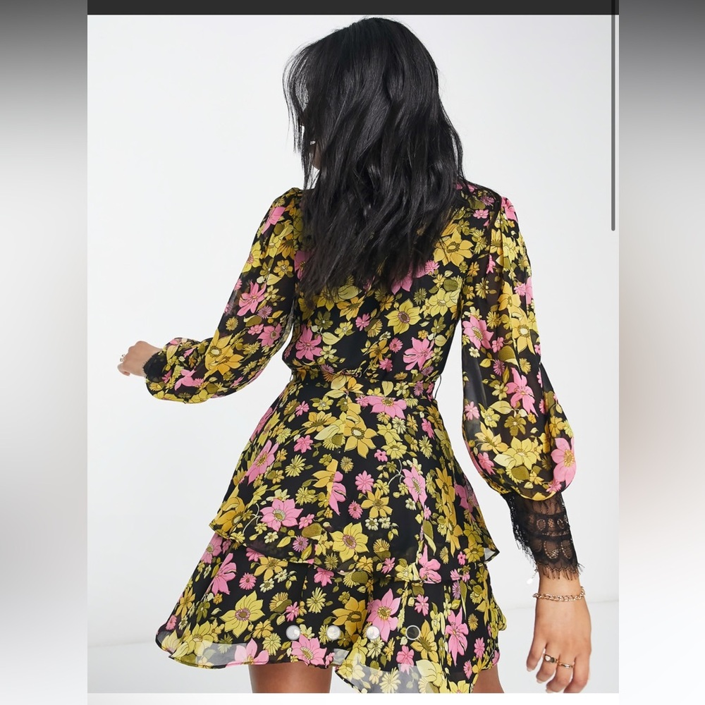 ASOS Design Soft Mini Skater Dress in Pink Floral Print w/ Eyelash Lace Sz 6 NWT - Picture 2 of 10